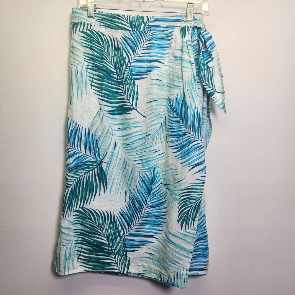 Tahari 100% Linen Wrap Skirt Lrg Elastic Tie Waist Tropical Blue Green Palms